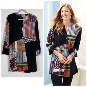 Parsley & Sage Patched V-Neck Tunic Top Sz 2X Black Multicolor Block 3/4 Sleeve